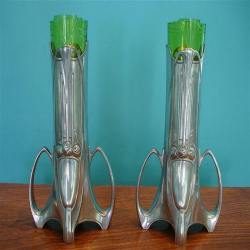 WMF Pair of Pewter Vases with Original Green Crystal...