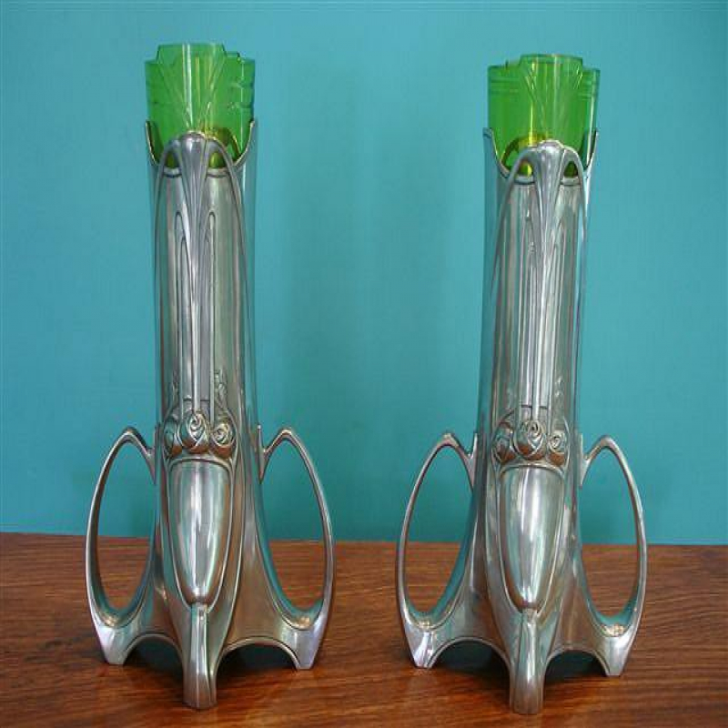 WMF Pair of Pewter Vases with Original Green Crystal Glass Liners