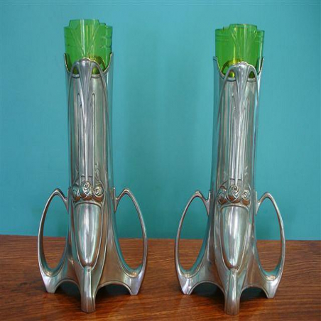 WMF Pair of Pewter Vases with Original Green Crystal Glass Liners