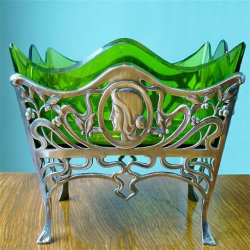 Silver Plated WMF Fruit Dish with Original Green Glass Liner