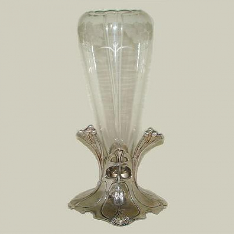 Art Nouveau Silver Plated Flower Holder with Original Crystal Glass Liner
