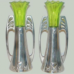 Silver Plated WMF Flower Vases with Original Cut Crystal Green Glass Liners