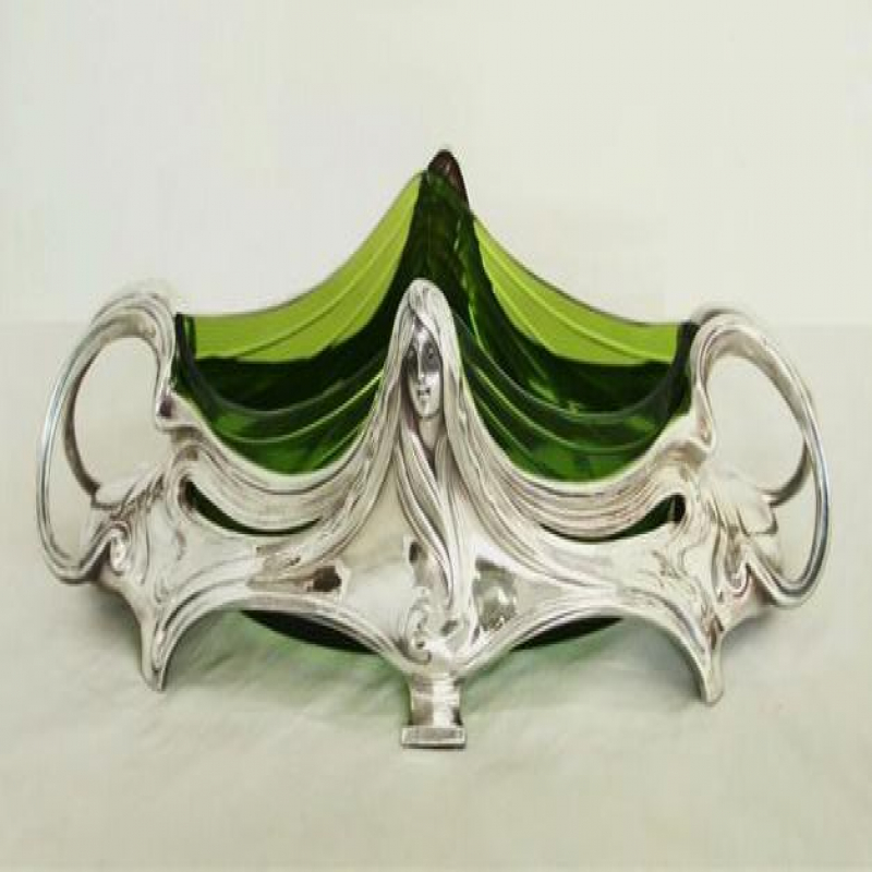 Imperial Zinn Silver Plated Centerpiece with Green Glass Liner. Circa 1900