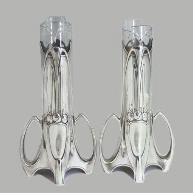 Pair of WMF Silver Plated Vases with Clear Crystal Glass Liners. Circa 1900