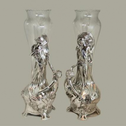 Pair of WMF Silver Plated Flower Vases with Original Clear Crystal Glass Liners