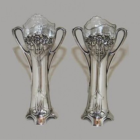Pair of Silver Plated WMF Vases with Crystal Glass Liners
