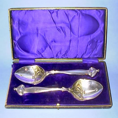 Boxed Pair of Antique Silver Serving Spoons. Circa 1900