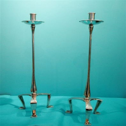 Pair of W.A.S. Benson Silver Plate on Brass Candlesticks