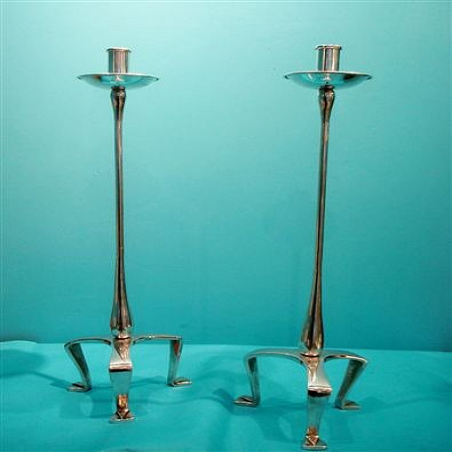 Pair of W.A.S. Benson Silver Plate on Brass Candlesticks
