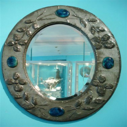 Arts & Crafts Pewter Wall Mirror with Ruskin Pottery Inserts. Circa 1900