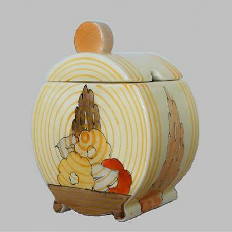 Clarice Cliff Bonjour Shaped Jam Pot and Cover. Circa 1935