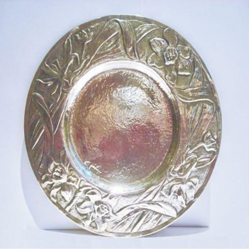 WC Connell Hammered Silver Floral Decorated Dish. 1896