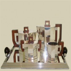 Art Deco French Silver Plated Four Piece Tea Set with Mirrored Tray. Circa 1930