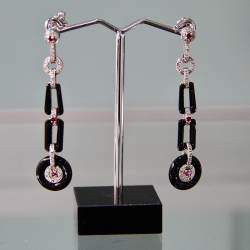 White Gold Onyx Diamond & Ruby Earrings in the Style of Cartier