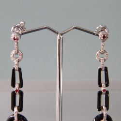 White Gold Onyx Diamond & Ruby Earrings in the Style of Cartier