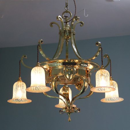 Arts & Crafts Brass Ceiling Light with Five Vaseline Glass Shades. Circa 1900