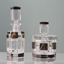 Karl Palda Bohemian Art Deco Perfume Bottle & Powder Box Black Red & Clear Glass