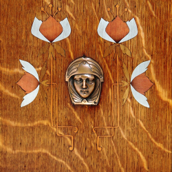 Arts & Crafts Golden Oak Wall Cupboard with a Secessionist Female Profile in Copper
