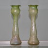 Pair of Art Nouveau Green Glass Iridescent Hyacinth Vases