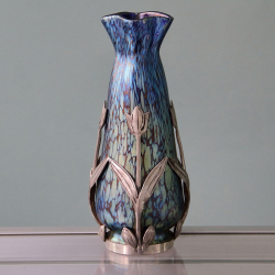 Loetz Papillon Art Nouveau Iridescent Glass Vase with Van Hauten Pewter Mount