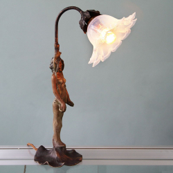 Art Nouveau Spelter Table Lamp with Opalescent Flower Glass Shade