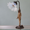 Art Nouveau Spelter Table Lamp with Opalescent Flower Glass Shade