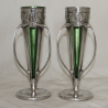 Archibald Knox for Liberty & Co Pair of Pewter Vases with Original Powell Green Glass Liners