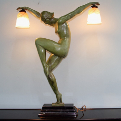 Art Deco Large Verdigris Spelter Lamp with Two Tinted...