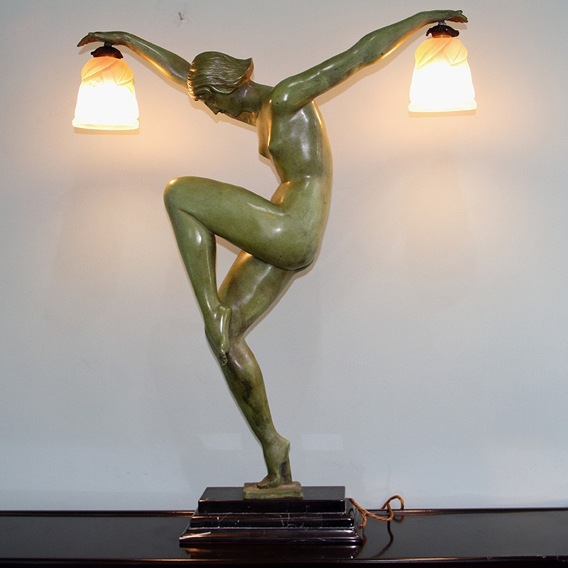 Art Deco Large Verdigris Spelter Lamp with Two Tinted Glass Shades