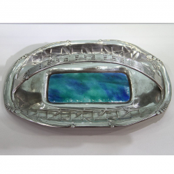Archibald Knox for Liberty & Co Pewter Cake Basket with Blue Green Enamel Plaque