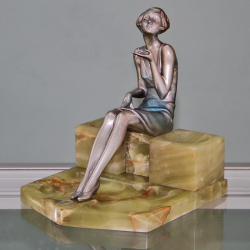 Josef Lorenzl Art Deco Bronze Seated Female Figure on Green Onyx Base