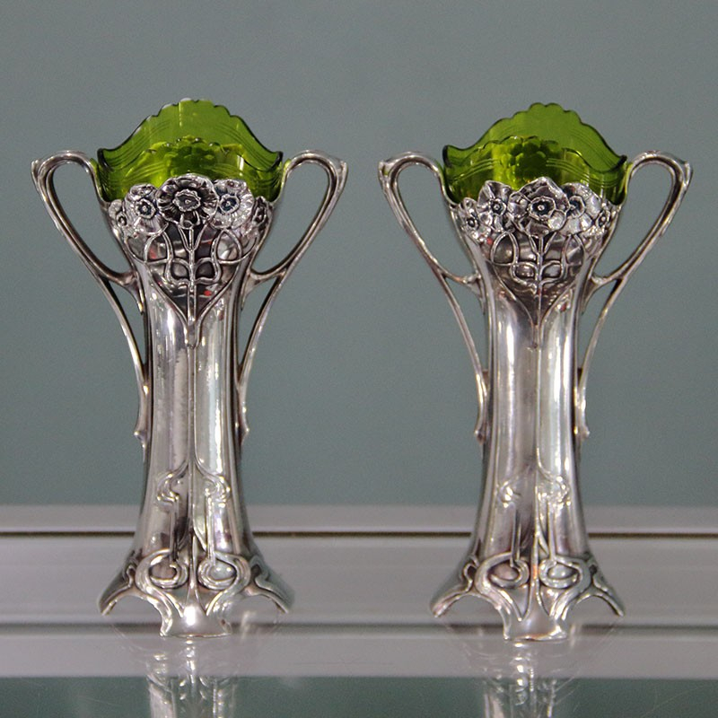 Pair of Antique Silver Plate WMF Art Nouveau Flower Vases