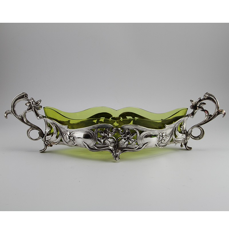 Silver Plated Flower Dish Decorated with Daffodils and Green Glass Liner