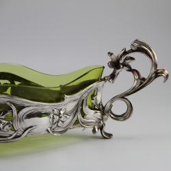 Silver Plated Flower Dish Decorated with Daffodils and Green Glass Liner