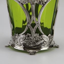 WMF Art Nouveau Silver Plated Biscuit Box with Green Crystal Glass Liner