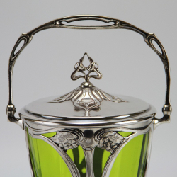 WMF Art Nouveau Silver Plated Biscuit Box with Green Crystal Glass Liner