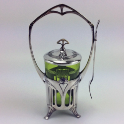 WMF Silver Plated Pickle Jar with Original Cut Crystal Green Glass Liner