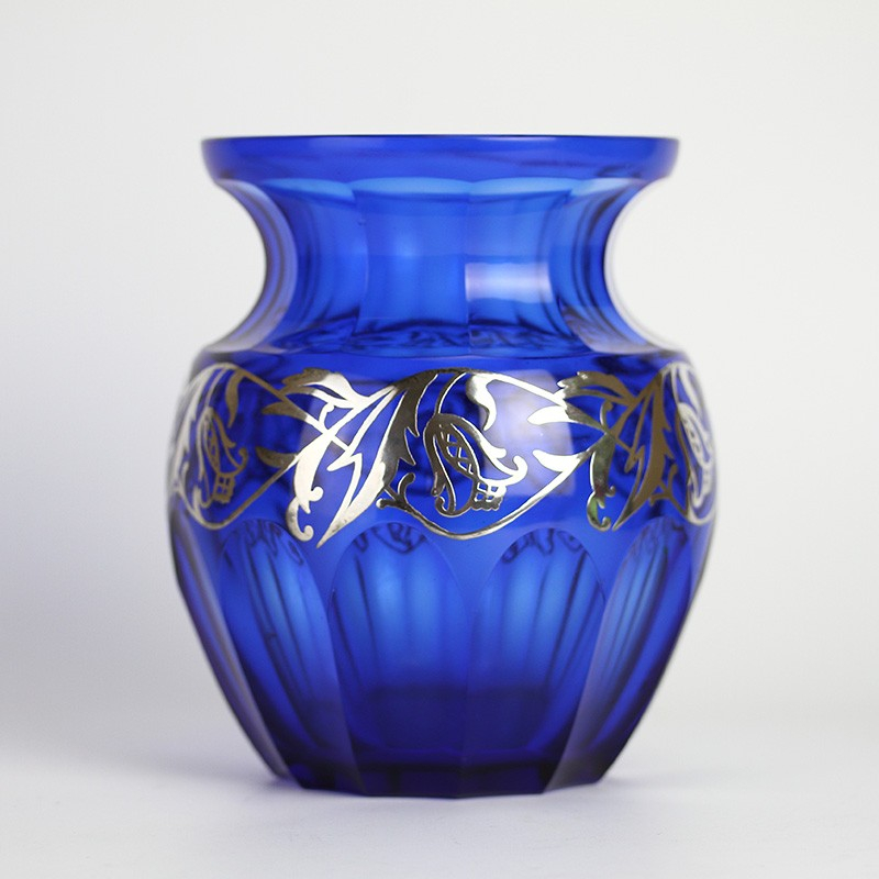 Alexander Pfohl Lead Crystal Cobalt Blue Vase with Silver Overlay