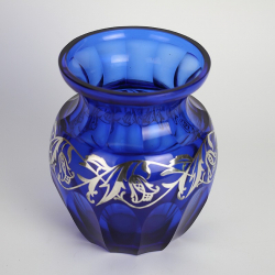 Alexander Pfohl Lead Crystal Cobalt Blue Vase with Silver Overlay