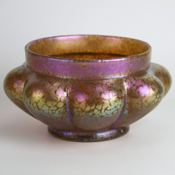 Loetz Art Nouveau Papillion Glass Bowl on a yellow Ground with Pink Blue and Yellow Iridescence