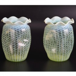 Pair of Vaseline Glass Vases with Striped Decoration...