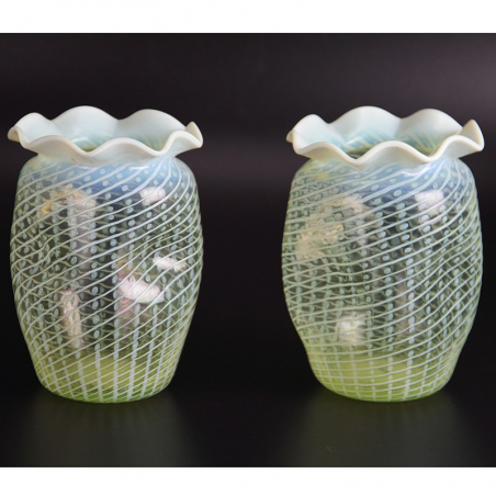 Pair of Vaseline Glass Vases with Striped Decoration Attributed to James Powell or John Walsh