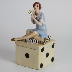 Art Deco Porcelain Lady Playing Cards Dressing Table Box on a Dice Shaped Box