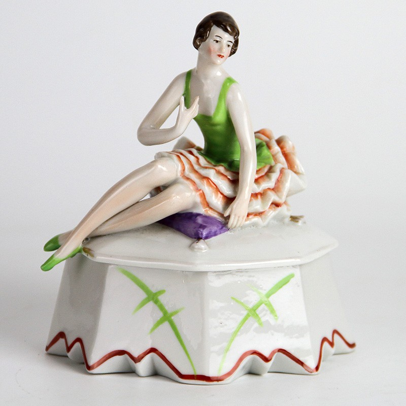 Art Deco Lady Glazed Porcelain Dressing Table Box