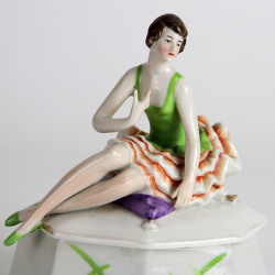 Art Deco Lady Glazed Porcelain Dressing Table Box