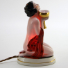 Art Deco Lady Ceramic Night Light/Perfume Burner of a Kneeling Nude Draped in Red Scarf Holding a Gilded Cup