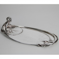 WMF Art Nouveau Jugendstil Silver Plated Visiting Card Tray with Art Nouveau Maiden Sitting on a Lily Leaf