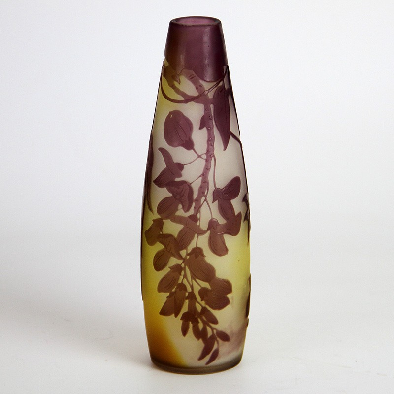 Emile Galle Nancy Art Nouveau Cameo Glass Vase on a Yellow Ground with a Purple Overlay of Wisteria Flowers