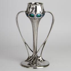 Archibald Knox for Liberty & Co Pewter Vase Inset with Blue Green Enamels