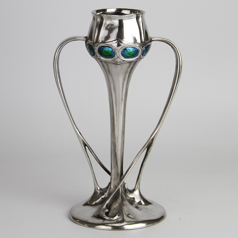 Archibald Knox for Liberty & Co Pewter Vase Inset with Blue Green Enamels